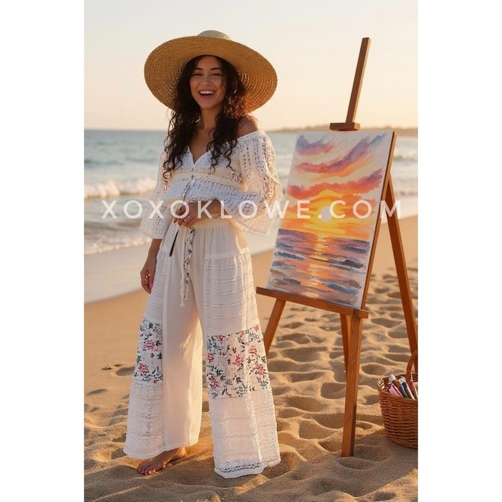 POL White Floral Lace Patchwork Boho Wide Leg Pants | Elastic Waist Pull On - Picture 7 of 10